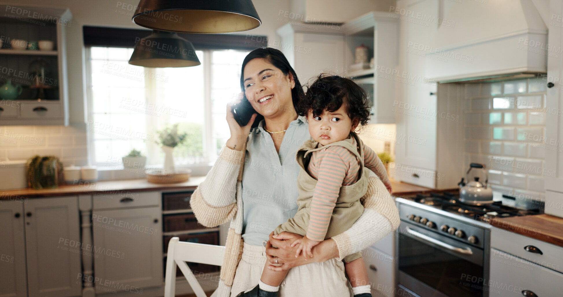 Buy stock photo Kitchen, baby and mother with phone call for communication, chatting and talking with contact. Home, child and woman with mobile for conversation, gossip and mom with boy for carrying in apartment