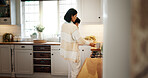 Mother, carry and baby with coffee in kitchen for caffeine start, prepare drink and morning breakfast. Woman, mom and herbal tea with child for bonding together, parental support and parent at house