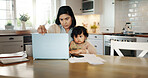 Kitchen, child and mom with laptop, remote work and bookkeeper with paperwork in home, family and online. Multitasking, mother and care for baby in house, accountant and person with tech for project