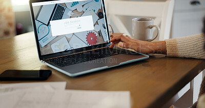 Buy stock photo Job search, laptop screen and living room with hand of person in home for employment closeup. Computer, networking and typing with recruitment website on display for career or work opportunity