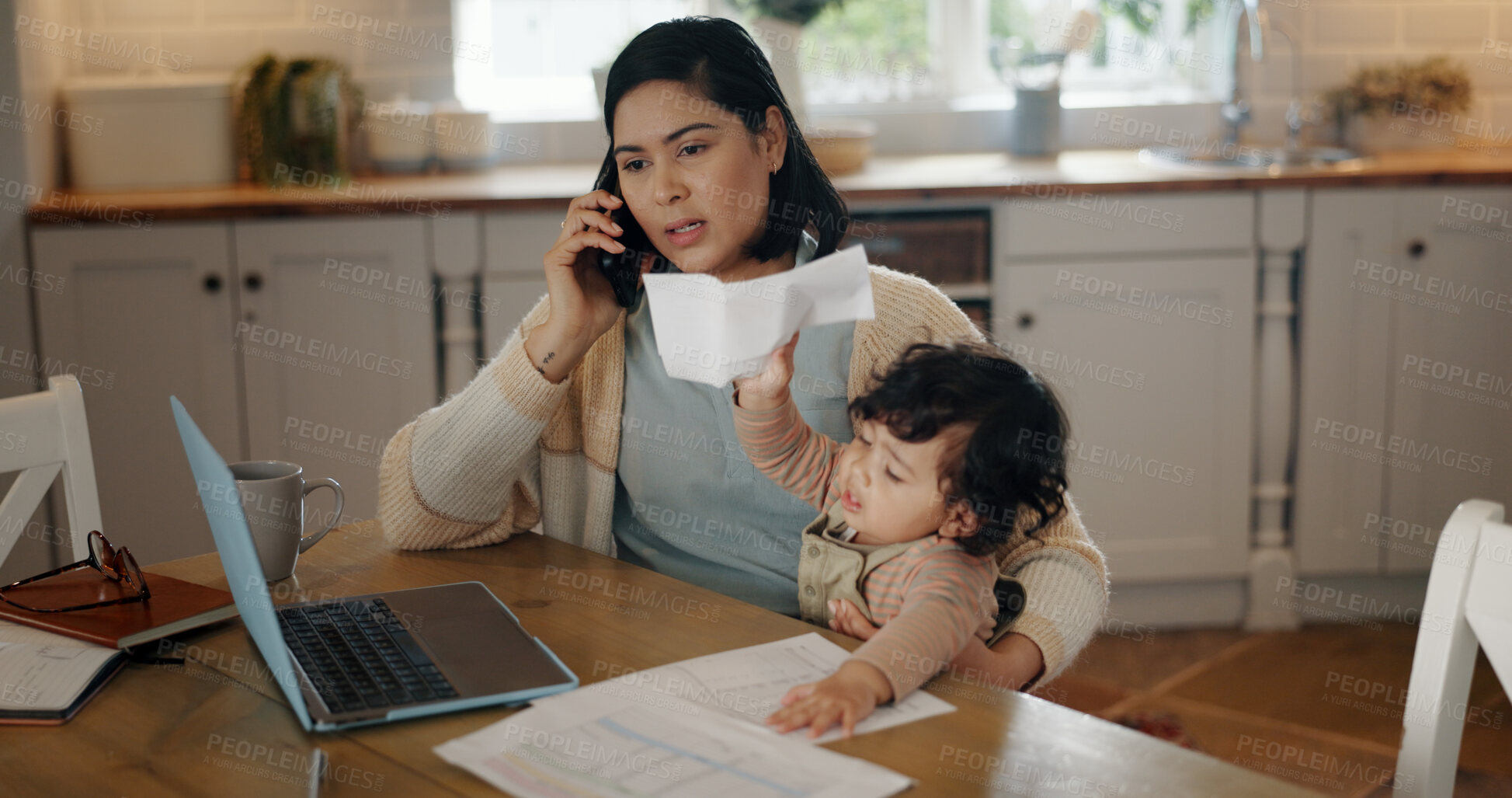 Buy stock photo Woman, baby and phone call with remote work from home, freelancing or talk with contact, bonding and play. Person, virtual assistant and mother with infant, child and networking by pc in family house