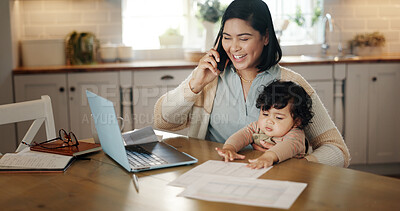 Buy stock photo Mom, baby and phone call for remote work from home, laptop or talk to contact, bonding or smile. Woman, virtual assistant and mother with infant child, happy or networking for deal in family house