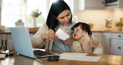 Buy stock photo Woman, baby and documents with remote work from home,  freelancing and laptop with care, bonding and play. Person, virtual assistant and mother with infant child, or love by computer in family house
