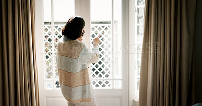 Buy stock photo Window, family and mom with child, house and pointing at view, care and parent with baby for scenery. Back, woman and bonding with boy in home, looking or showing neighbourhood to infant in apartment