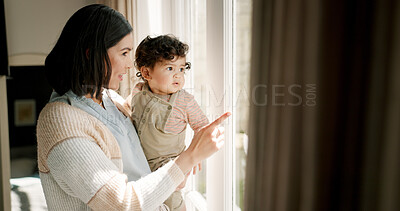 Buy stock photo Home, window and mother with baby, pointing and bonding together with love, childhood or happiness. Family, parent or mama with kid, view or care with development, relax or morning with fun or growth