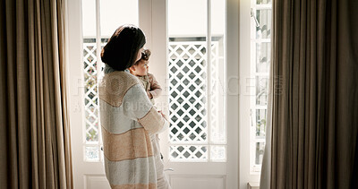 Buy stock photo Child development, love and mother with baby at window in bedroom of home for safety or security. Bonding, morning and growth with woman carrying infant in apartment for childcare or relationship
