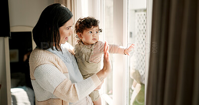 Buy stock photo Home, window and mother with baby, wave and bonding together with love, parent or happiness. Family, apartment or mama with kid, view or smile with development, relax or morning with fun or childhood