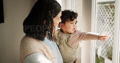 Buy stock photo Home, window and mother with baby, pointing and bonding together with love, childhood and happiness. Family, parent or mama with kid, view or smile with development, relax or morning with fun or care