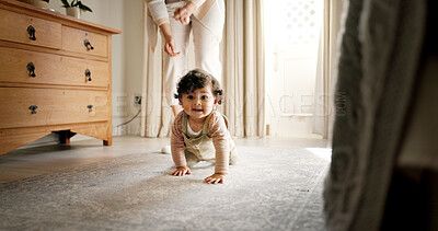 Buy stock photo Child development, crawling and growth with baby on floor of bedroom for motor skills in home. Balance, children and learning with infant girl in apartment for independence, motion or movement