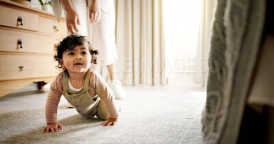 Buy stock photo Child development, crawling and learning with baby on floor of bedroom for motor skills in home. Balance, children and growth with infant girl in apartment for independence, motion or movement
