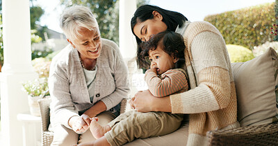 Buy stock photo Love, relax and baby with family on sofa for support, bonding and grandparent. Care, happiness and connection with women and child in living room at home for commitment, growth and trust together