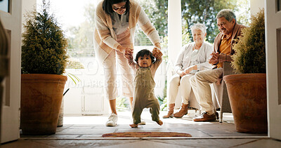 Buy stock photo Love, walking and baby with family at house for support, bonding and grandparents. Care, happiness and learning with mother and child holding hands at home for commitment, growth and trust together