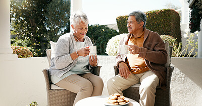 Buy stock photo Outdoor, senior couple and talking with coffee for love, bonding or biscuits in retirement. Porch, old woman and elderly man with happiness for relationship, cookies or discussion with tea in morning