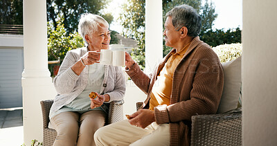 Buy stock photo Bonding, cheers and senior couple with coffee, home and elderly people with beverage for chat or morning. Toast, old man and mature woman with tea on patio, comfortable or family with joy for cookies