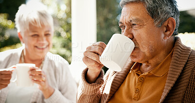 Buy stock photo Home, coffee and senior couple with love, smile and bonding together with relationship. People, patio and old man with mature woman, espresso and marriage with romance, happiness and cappuccino