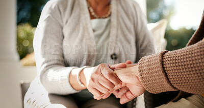 Buy stock photo Home, holding hands and senior couple with love, support and care with romance, hope and gratitude. Closeup, retirement and man with woman, empathy and relationship with respect, trust and kindness
