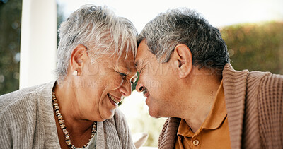 Buy stock photo Outdoor, forehead and senior couple with love, relationship and bonding together with romance. People, old man and mature woman with marriage, care and retirement with support, relax and happiness