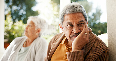 Buy stock photo Divorce, old couple and thinking with conflict, ignore and relationship with breakup, stress and angry. Senior man, mature woman or sad with marriage, frustrated and fail with fight, cheating or home