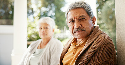 Buy stock photo Divorce, senior couple and conflict with stress, ignore and relationship with breakup, cheating and angry. Old man, mature woman or sad with marriage, frustrated and fail with fight, thinking or home