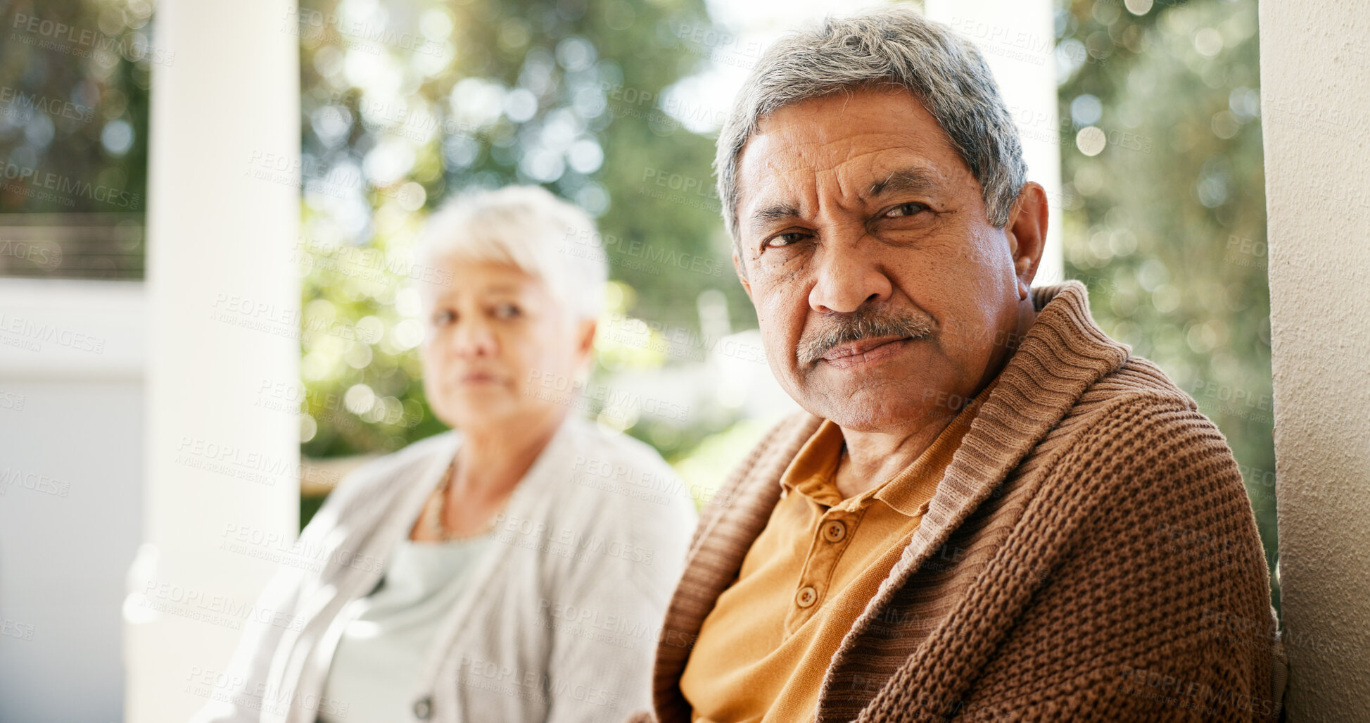 Buy stock photo Divorce, senior couple and conflict with stress, ignore and relationship with breakup, cheating and angry. Old man, mature woman or sad with marriage, frustrated and fail with fight, thinking or home