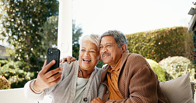 Buy stock photo Relax, selfie and smile with old couple in home for photography, social media and post. Happiness, retirement and profile picture with senior man and woman in backyard for online and connection