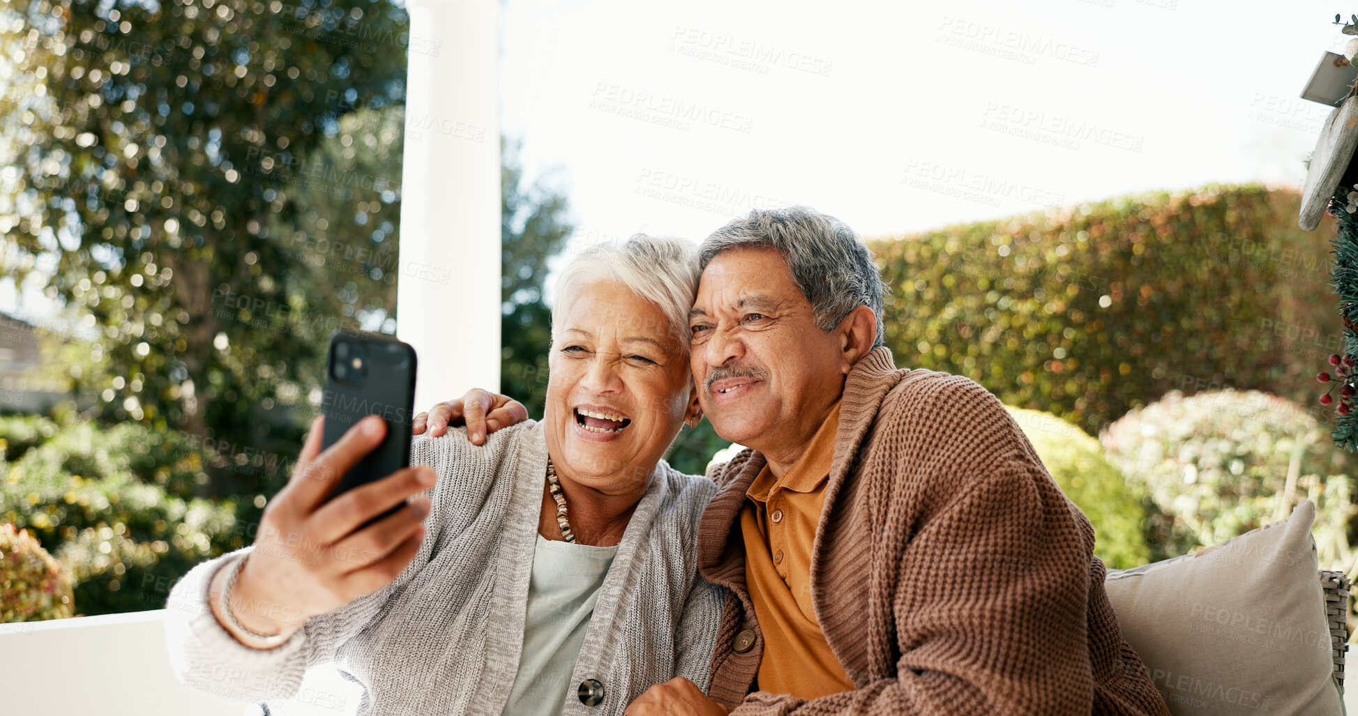 Buy stock photo Relax, selfie and smile with old couple in home for photography, social media and post. Happiness, retirement and profile picture with senior man and woman in backyard for online and connection