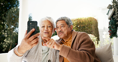 Buy stock photo Love, video call and senior couple with smartphone, communication and funny with social media. Home, old man or mature woman with cellphone, digital app or network with online conversation or talking
