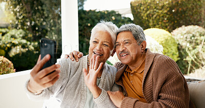 Buy stock photo Wave, video call and phone with old couple in home for communication, social media and post. Happiness, retirement and contact with senior man and woman in backyard for online and connection