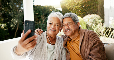 Buy stock photo Calm, selfie and smile with old couple in home for photography, social media and post. Happiness, retirement and profile picture with senior man and woman in backyard for online and connection