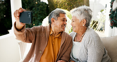 Buy stock photo Love, selfie and smile with old couple at home for photography, social media and post. Happiness, retirement and profile picture with senior man and woman in backyard for online and connection