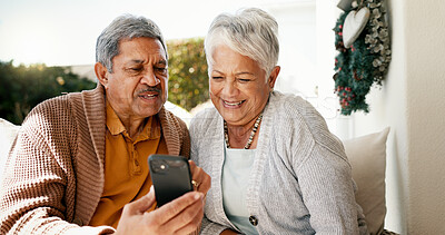 Buy stock photo Relax, phone and smile with old couple at home for communication, social media and post. Happiness, retirement and contact with senior man and woman in backyard of house for online and connection