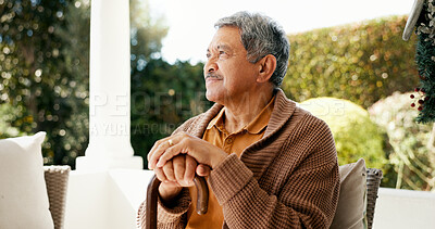 Buy stock photo Thinking, senior and man with disability at house for memory, nostalgia and past reflection. Elderly, male person and relax with lonely thoughts, mourning loss and planning for retirement in backyard