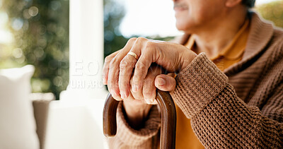 Buy stock photo Cane, hands and thinking with senior man outdoor in garden of home for memories or nostalgia. Balance, thoughtful and walking stick with old person in backyard for contemplation or vision closeup