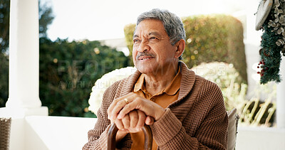 Buy stock photo Thinking, elderly and man with disability at house of happy memory, nostalgia and past reflection. Smile, senior person and relax of lonely thoughts, retirement planning and remember life in backyard