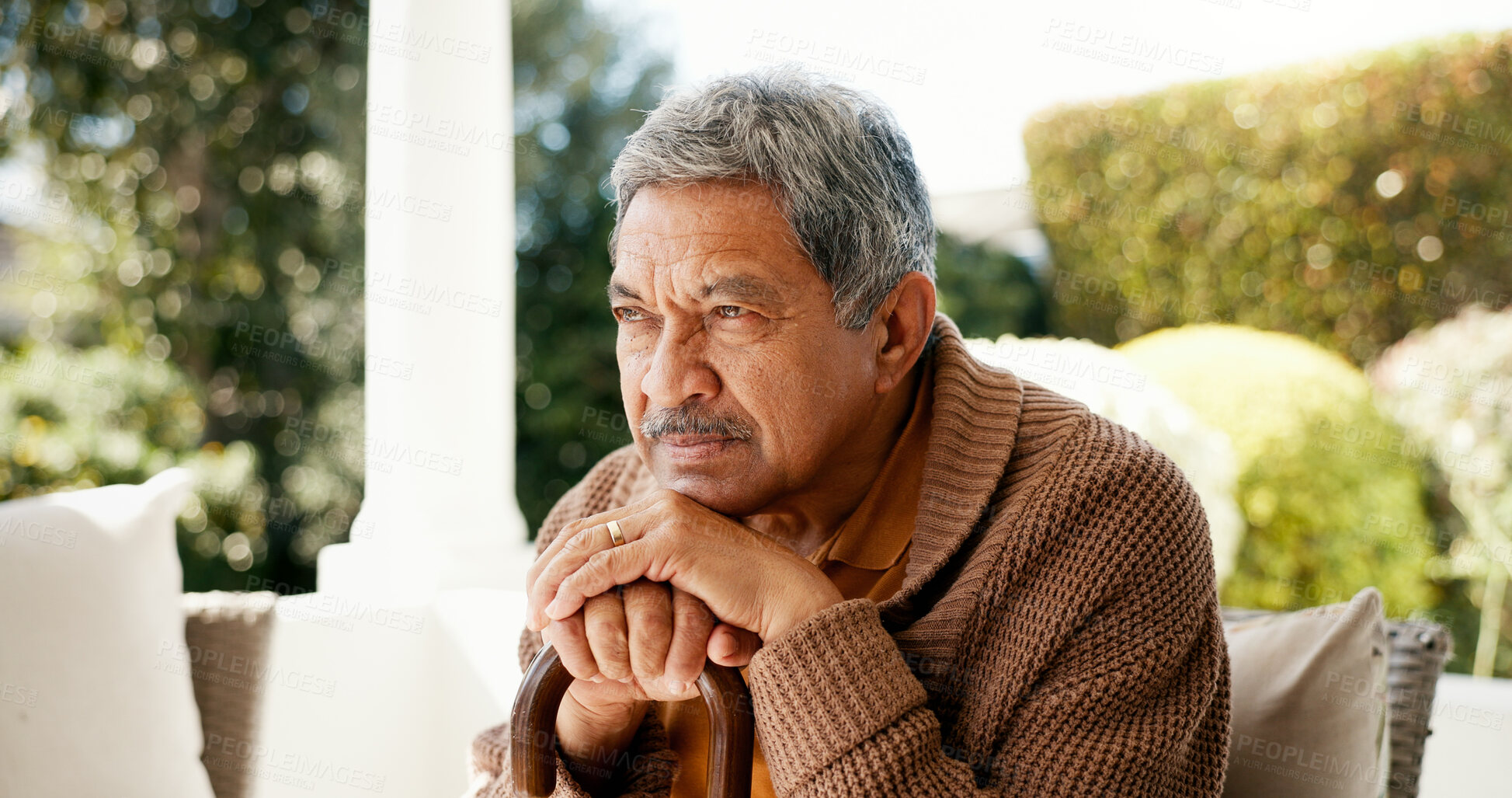 Buy stock photo Thinking, sad and senior man at house of memory grief, nostalgia and past reflection. Relaxing, elderly and person with disability for loneliness thoughts, mourning loss and remember life in backyard