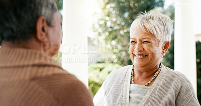 Buy stock photo Smile, senior couple and laughing in backyard for funny joke, comic discussion and bonding together. Elderly people, happy and love, partner support and relationship commitment of retirement at house