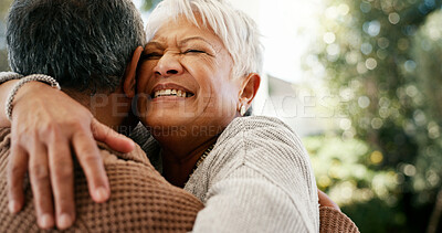 Buy stock photo Love, hug and senior couple outdoor for healthy relationship, connection and reunion together. Retirement, man and happy woman with embrace for loyalty, marriage commitment and support with care