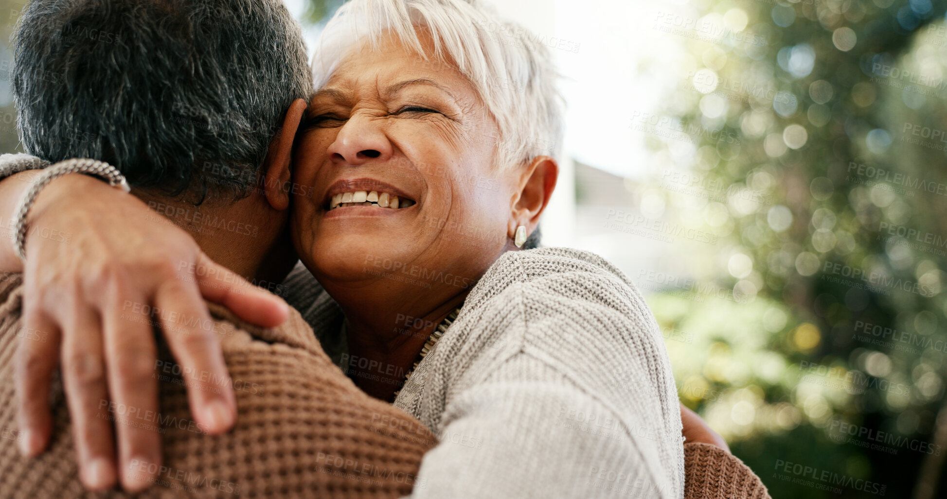 Buy stock photo Love, hug and senior couple outdoor for healthy relationship, connection and reunion together. Retirement, man and happy woman with embrace for loyalty, marriage commitment and support with care