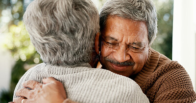 Buy stock photo Smile, senior couple and hug in backyard with love, partner support and bonding together. Elderly people, happy and embrace with loyalty, relationship commitment and affection for retirement at house