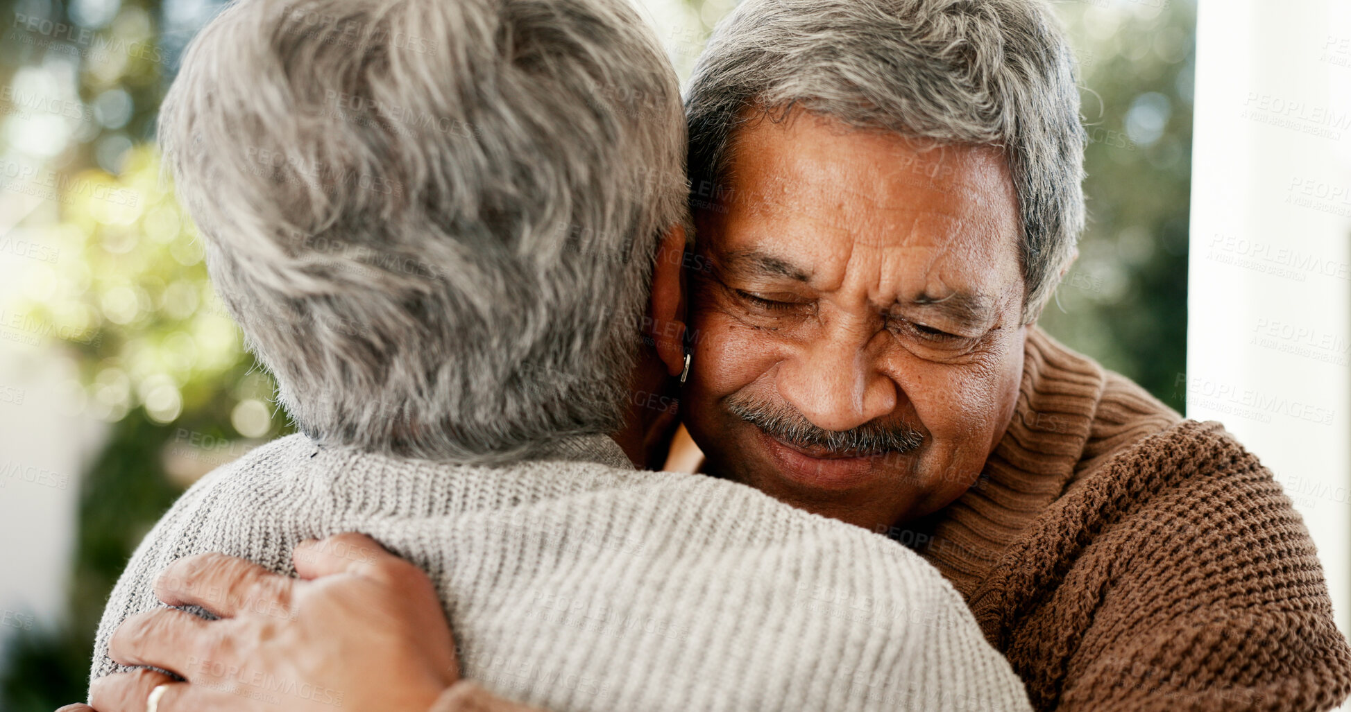Buy stock photo Smile, senior couple and hug in backyard with love, partner support and bonding together. Elderly people, happy and embrace with loyalty, relationship commitment and affection for retirement at house