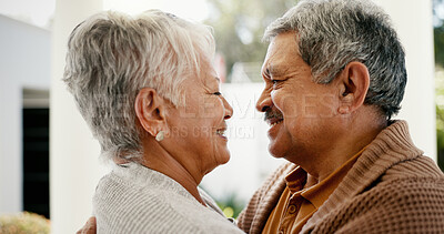 Buy stock photo Hug, love and senior couple with care, relationship and bonding together with retirement. Happy people, old man and mature woman with marriage, trust and embrace with support, relax and romance