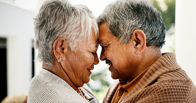Buy stock photo Forehead, love and senior couple with romance, relationship and bonding together with happiness. People, old man and mature woman with marriage, trust and retirement with support, date and care