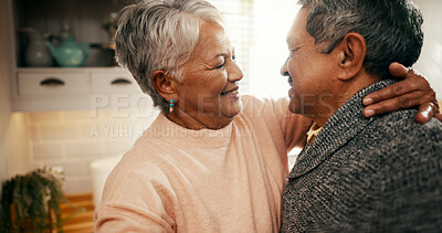 Buy stock photo Dancing, happy and senior couple in kitchen for bonding, connection or commitment together. Love, romance and elderly man with woman for grooving to music in morning for marriage anniversary in home.