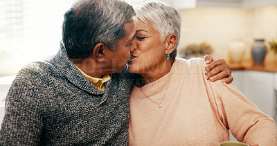 Buy stock photo Love, kiss and senior couple in home for strong relationship, connection and bonding together. Retirement, man and woman with romantic embrace for loyalty, marriage commitment and support with care