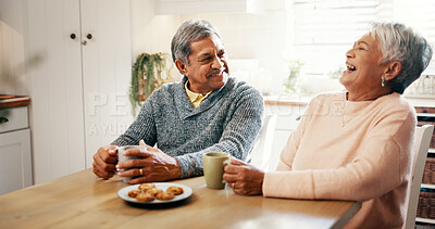 Buy stock photo Home, old couple and breakfast with tea for laughing, bonding and biscuits with talking in retirement. Senior people, woman and man with smile for love, funny joke and cookies with coffee in kitchen