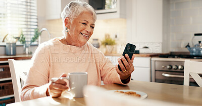 Buy stock photo Cellphone, video call and senior woman in kitchen with communication, networking or contact. Coffee, technology and elderly female person with phone for virtual conversation on mobile app in home.