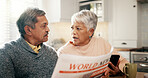 Elderly couple, reading and newspaper at house, event crisis and announcement in global press. Senior people, article and report problem of natural disaster, story information and breaking news alert