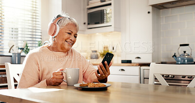 Buy stock photo Coffee, music or old woman in home with phone for streaming subscription, app or entertainment. Headphones, eating or happy senior person with food, smile or mobile for retirement, radio or podcast
