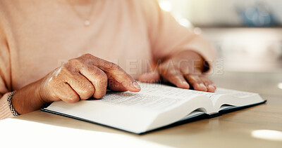 Buy stock photo Reading, prayer and bible with hands of person for worship, spiritual study or Christian religion. Faith, gospel and inspiration with closeup of woman at home for Jesus Christ, catholic and scripture