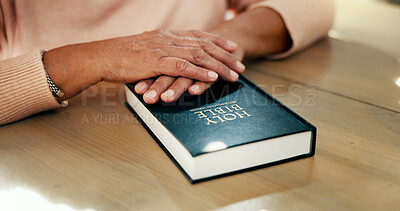 Buy stock photo Reading, spiritual and bible with hands of person for worship, prayer study or Christian religion. Faith, gospel and inspiration with closeup of woman at home for Jesus Christ, catholic and scripture
